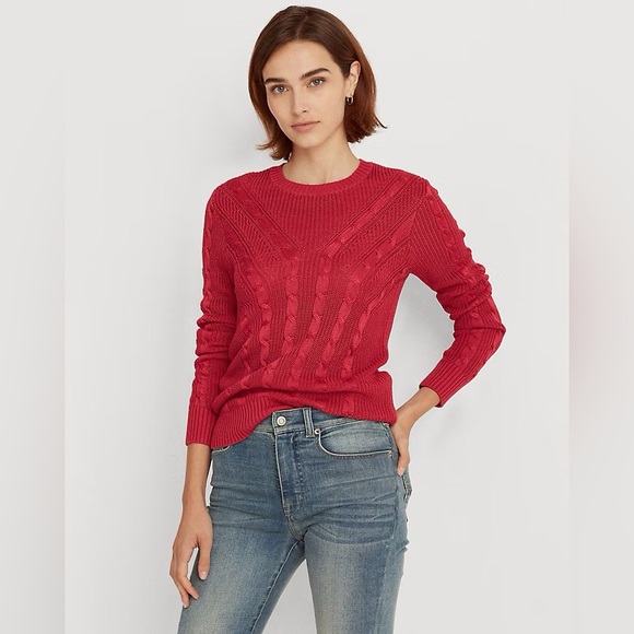 Lauren Ralph Lauren Black Label Wine Red Burgundy Cable-Knit Crewneck Sweater L - Picture 1 of 10